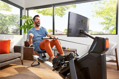 Aviron Strong Series Rower: 22″ HD Touchscreen, Dual Air & Magnetic Resistance up to 100 lbs. Game-Based Workouts, Streaming, Compact Design